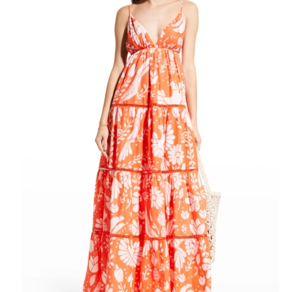 NWT $230 Farm Rio Orange Neon Jungle Tiered Maxi Dress in size Medium! - Picture 6 of 7